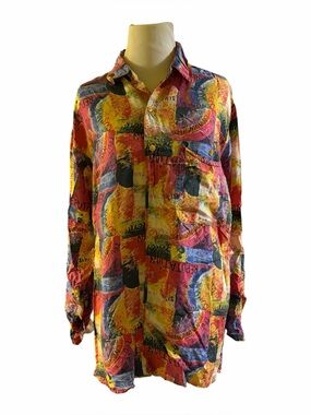 Vibrant Vintage Multicolor Mens  100% Silk  Button-Up Shirt, size S groovy boho
